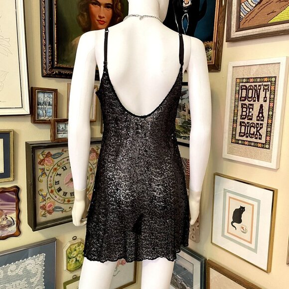 Intimately Free People Sheer Black Sequin Spaghetti Strap Mini Slip Dress Size M - Picture 3 of 4